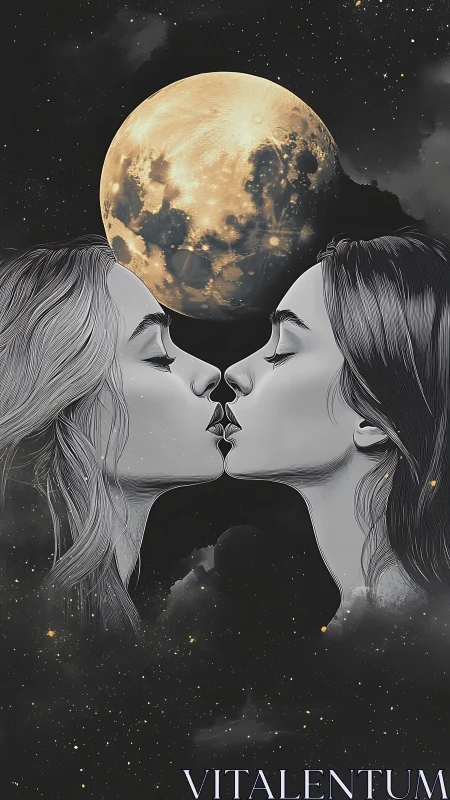 Two Figures Kissing With Luminous Moon Head Replacing Cranial Cavity.