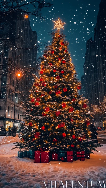 Snowfall-lit city Christmas tree crowned in golden starlight.