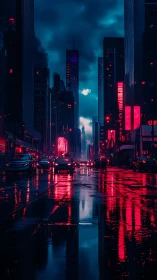 Neon-saturated nocturnal streetscape with reflective wet asphalt.