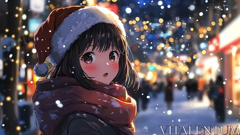 Anime character stands in illuminated winter city street scene