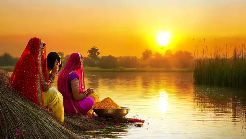Indian women in traditional attire at riverside during sunset.