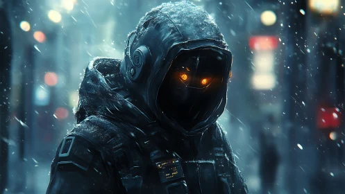 Cybernetic sentinel in hooded armor under neon snowfall.