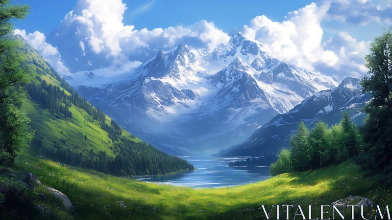 Snow covered mountains rise above lake and green valley