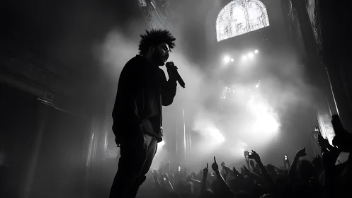 Backlit vocalist in volumetric haze at high-energy concert.