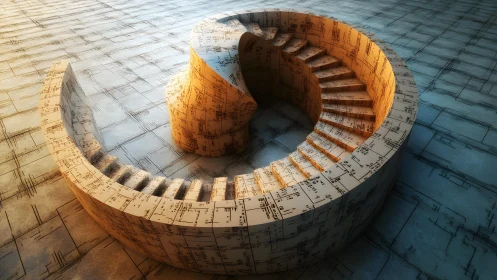 Spiral staircase with architectural blueprint pattern, digital art.