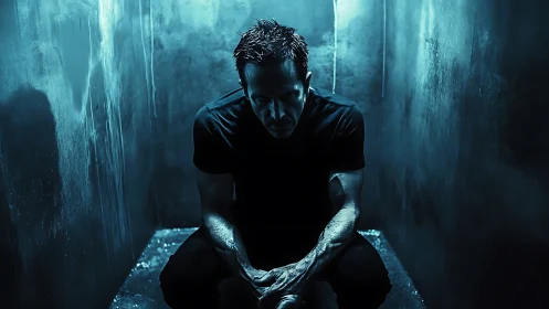 Man crouched in narrow blue cell under harsh moody light.