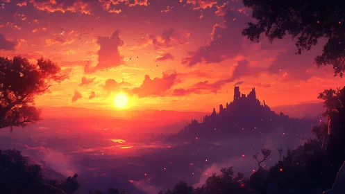 Sunset-lit distant fortress above layered valley landscape.