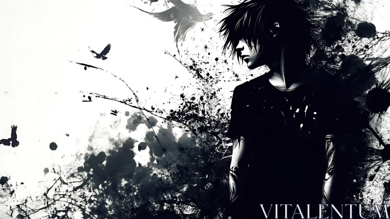 Brooding anime boy stands amid stark ink splatter storm