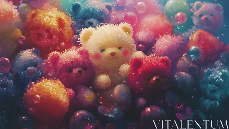 Clustered fluffy toy bears in multicolored bubble field.
