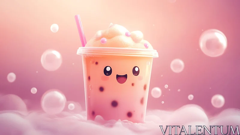 Adorable Boba Tea Character Smiles in Dreamy Pink Wonderland