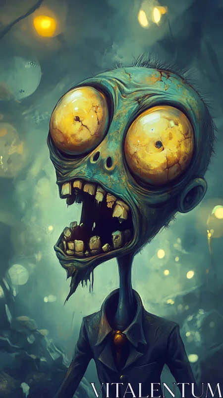 Elongated zombie portrait with exaggerated cranial deformation and glare