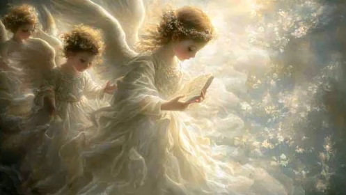 Luminous child angels in layered chiffon read a glowing celestial book