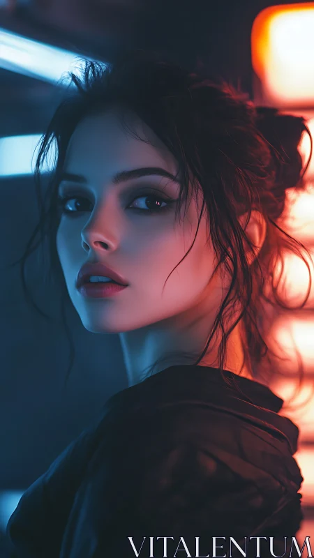 Cyberpunk portrait with neon rim lighting and soft focus depth.
