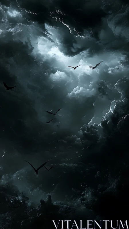 Dark storm clouds with silhouetted birds in flight.