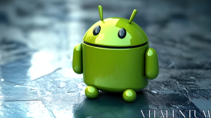 Glossy green robot mascot stands on reflective metal floor.