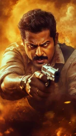 Grit-soaked avenger lunges through firestorm with leveled gun.