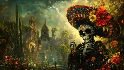Day of the Dead skeleton stands amid lush ruined cityscape.