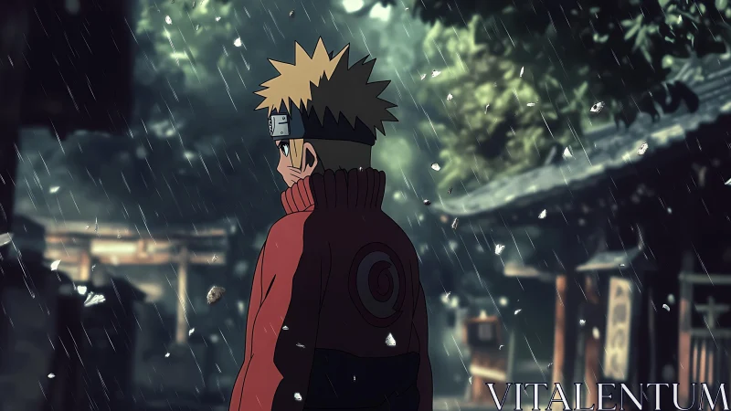 Backlit anime figure in rainy shrine courtyard with depth layering