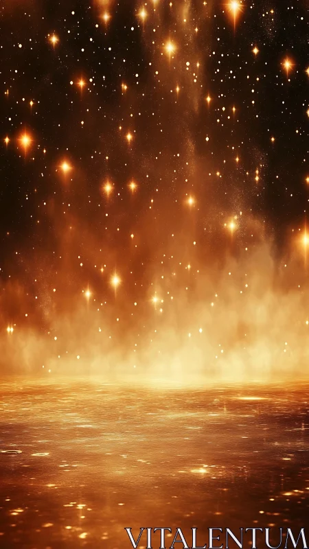 Golden reflective surface extends beneath dense glowing particles