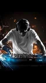 Midnight deck pilot bends neon sparks into pulsing rhythm