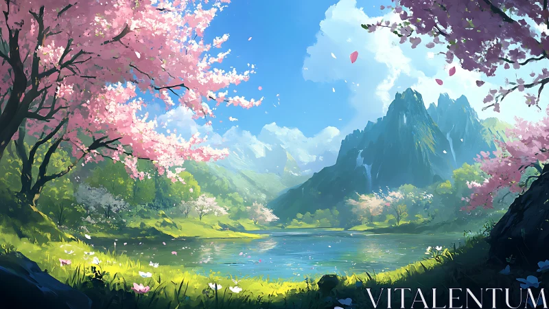 Mountain lake landscape with cherry blossoms in daylight.