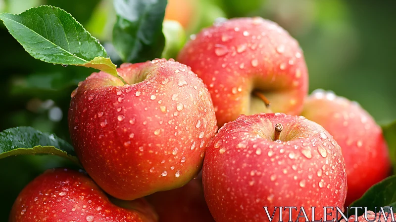 Macro depth-of-field study of dew-covered ripe apples on tree