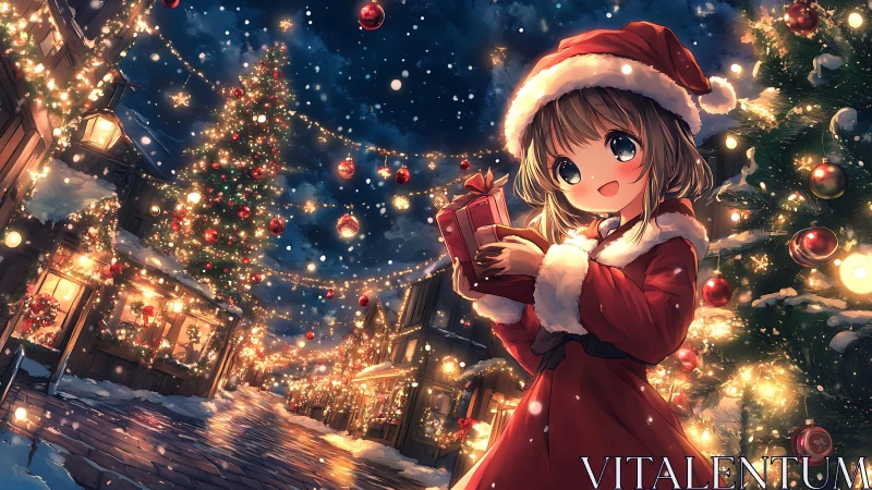 Snowlit gift-bearer under star-splashed Christmas lanes.