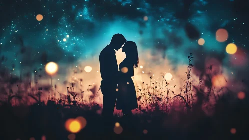 Silhouetted couple kissing in field at night with bokeh lights.