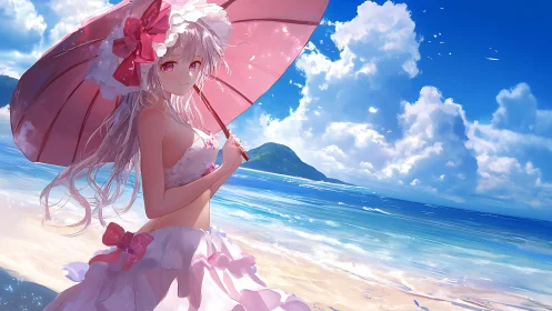 Anime girl with pink umbrella on bright coastal beach.