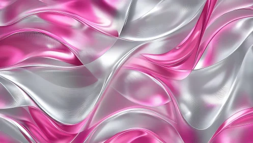 Flowing Pink and Silver Metallic Abstract Waves Digital Art.
