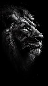 Black and white lion profile in dramatic side lighting.