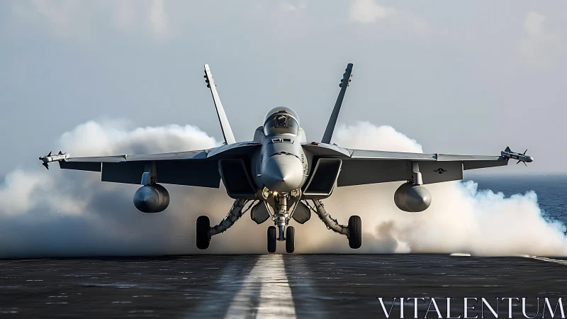 Carrier-based fighter jet accelerates on deck in dense vapor