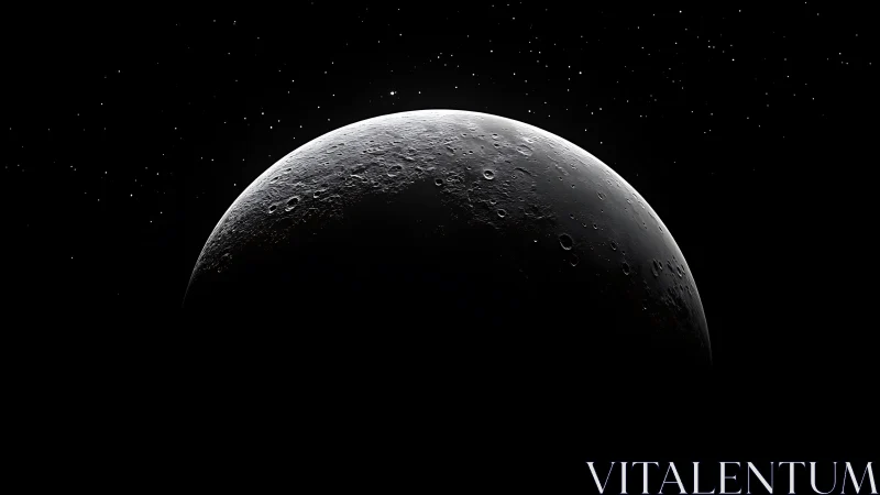 Crescent moon horizon with cratered surface in deep space.