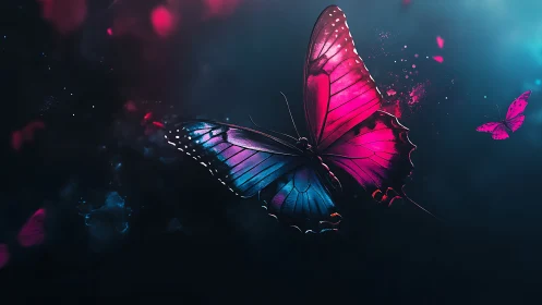 Neon-lit butterfly with bokeh particles in high-contrast gradient atmosphere