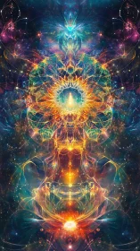 Symmetrical cosmic energy mandala in vivid neon hues.