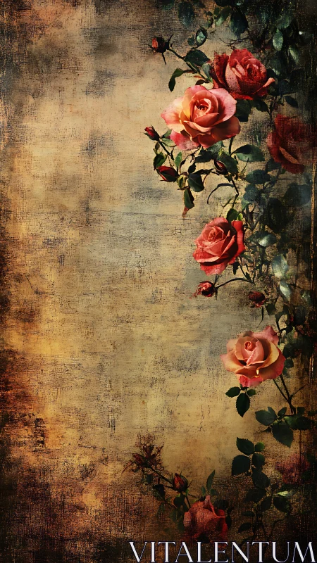 Vintage roses climb distressed golden textured wall.