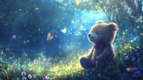 Teddy bear in glowing forest clearing with soft butterflies.