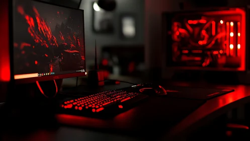 High-end gaming workstation in dramatic red accent lighting.