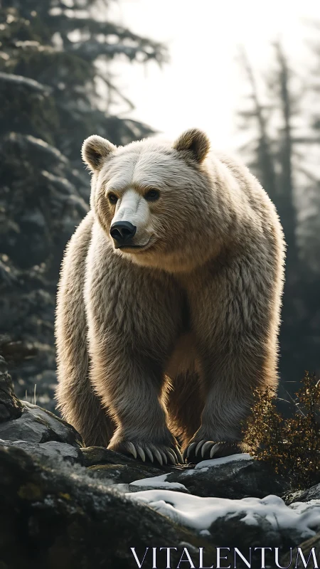 Grizzly bear rendered in high-detail photorealistic forest lighting