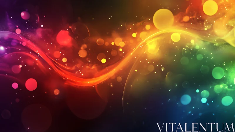 Vibrant multicolor light waves with floating bokeh orbs.