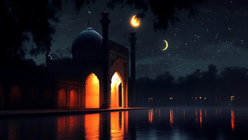Moonlit palace glows above tranquil reflective waters at night.