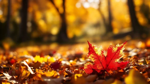 Red maple leaf on sunlit autumn forest floor.
