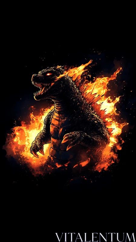 Fiery monster rises in glowing flames against dark night sky.