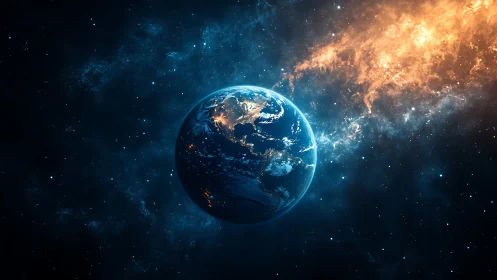 Glowing blue Earth drifting gently through cosmic night.