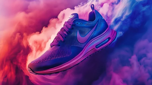 Neon comet sneaker surfing through electric sunset clouds.