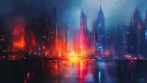 Neon skyline ignites a futuristic city at shimmering dusk.