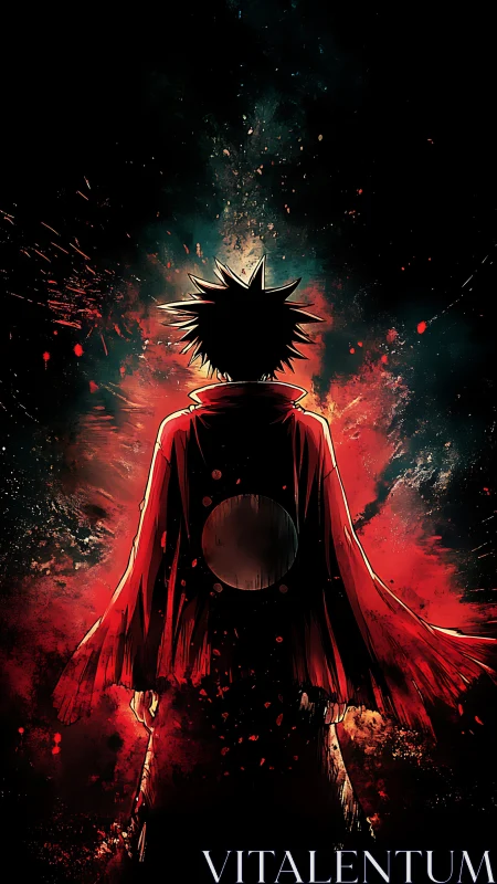 Lone anime warrior stands in red cloak before explosive void