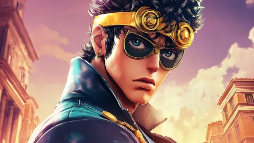 Stylized anime hero with gold goggles in cityscape at dusk.
