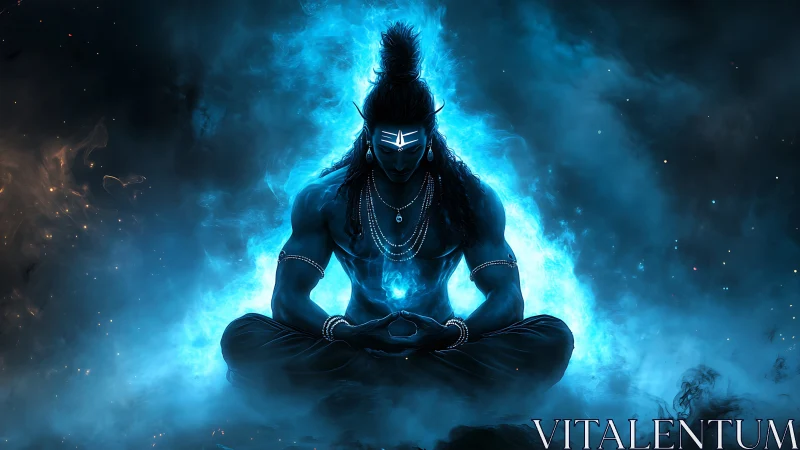 Digital painting of meditative deity in celestial blue aura.