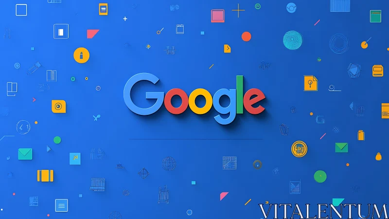 Google Logo with Minimalist Tech Icons on Blue Background.
